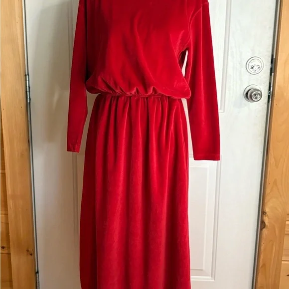 Vintage L.L. Bean Red Velour Long Sleeve Midi Dress Small Petite - Picture 2 of 15